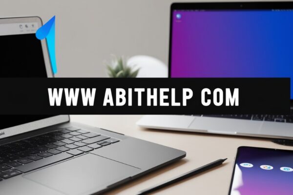 Image of www abithelp com featuring a laptop and technology-related elements.